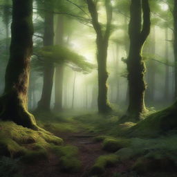 A high-quality, photorealistic image of a forest, imbued with an eerie, magical twist