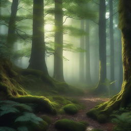 A high-quality, photorealistic image of a forest, imbued with an eerie, magical twist