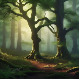 A high-quality, photorealistic image of a forest, imbued with an eerie, magical twist
