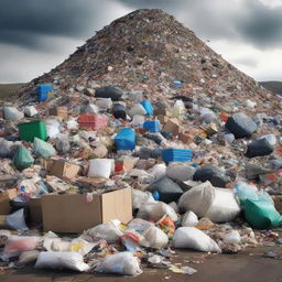 A disturbing yet real depiction of an overwhelming amount of rubbish. Assorted waste items scattered around, creating a disturbing mountain of discarded items