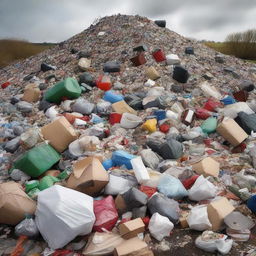 A disturbing yet real depiction of an overwhelming amount of rubbish. Assorted waste items scattered around, creating a disturbing mountain of discarded items