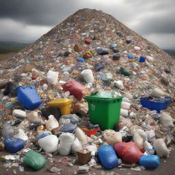 A disturbing yet real depiction of an overwhelming amount of rubbish. Assorted waste items scattered around, creating a disturbing mountain of discarded items