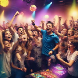 A lively image of a gaming event with people involved in action songs, dancing, surrounded by spot prizes, and bathed in an atmosphere of sheer joy and fun