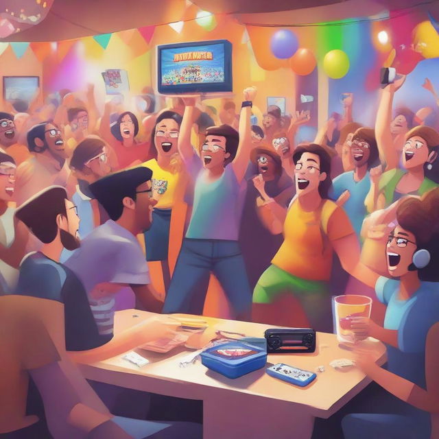 A lively image of a gaming event with people involved in action songs, dancing, surrounded by spot prizes, and bathed in an atmosphere of sheer joy and fun