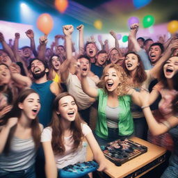 A lively image of a gaming event with people involved in action songs, dancing, surrounded by spot prizes, and bathed in an atmosphere of sheer joy and fun