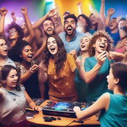 A lively image of a gaming event with people involved in action songs, dancing, surrounded by spot prizes, and bathed in an atmosphere of sheer joy and fun