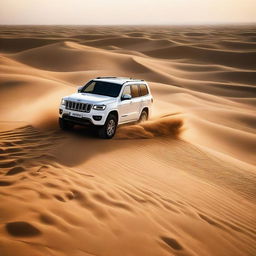 Luxury Jeep cruising through golden dunes in Dubai. Capture the thrilling blend of luxury and adventure amidst the majestic desert landscapes.