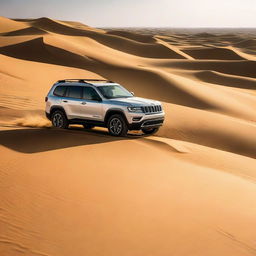 Luxury Jeep cruising through golden dunes in Dubai. Capture the thrilling blend of luxury and adventure amidst the majestic desert landscapes.