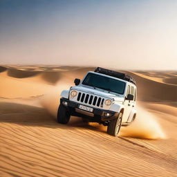 Luxury Jeep cruising through golden dunes in Dubai. Capture the thrilling blend of luxury and adventure amidst the majestic desert landscapes.