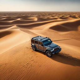 Luxury Jeep cruising through golden dunes in Dubai. Capture the thrilling blend of luxury and adventure amidst the majestic desert landscapes.