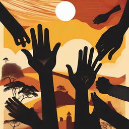 Create an evocative poster embodying the story 'The Hands of the Blacks'. Include symbolic elements such as different colored hands reaching towards unity, a vibrant African landscape backdrop, and distinct storytelling figures.