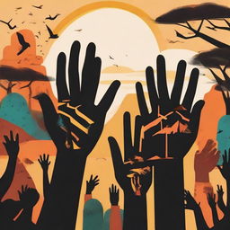 Create an evocative poster embodying the story 'The Hands of the Blacks'. Include symbolic elements such as different colored hands reaching towards unity, a vibrant African landscape backdrop, and distinct storytelling figures.