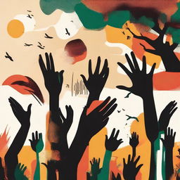 Create an evocative poster embodying the story 'The Hands of the Blacks'. Include symbolic elements such as different colored hands reaching towards unity, a vibrant African landscape backdrop, and distinct storytelling figures.