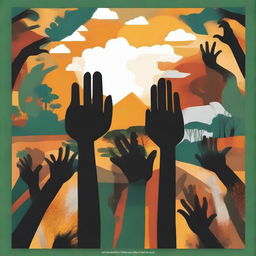 Create an evocative poster embodying the story 'The Hands of the Blacks'. Include symbolic elements such as different colored hands reaching towards unity, a vibrant African landscape backdrop, and distinct storytelling figures.