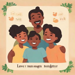 A warm, endearing poster featuring a happy, diverse family interacting, playing and bonding together, with an emotive caption saying 'Grow together, laugh together, love forever.'