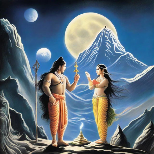 A divine scene featuring Lord Shiva and Goddess Parvati in the celestial realm, bathed in the light of a full moon with Mount Kailash in the background.