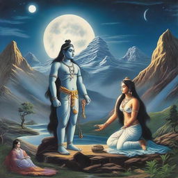 A divine scene featuring Lord Shiva and Goddess Parvati in the celestial realm, bathed in the light of a full moon with Mount Kailash in the background.