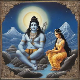 A divine scene featuring Lord Shiva and Goddess Parvati in the celestial realm, bathed in the light of a full moon with Mount Kailash in the background.