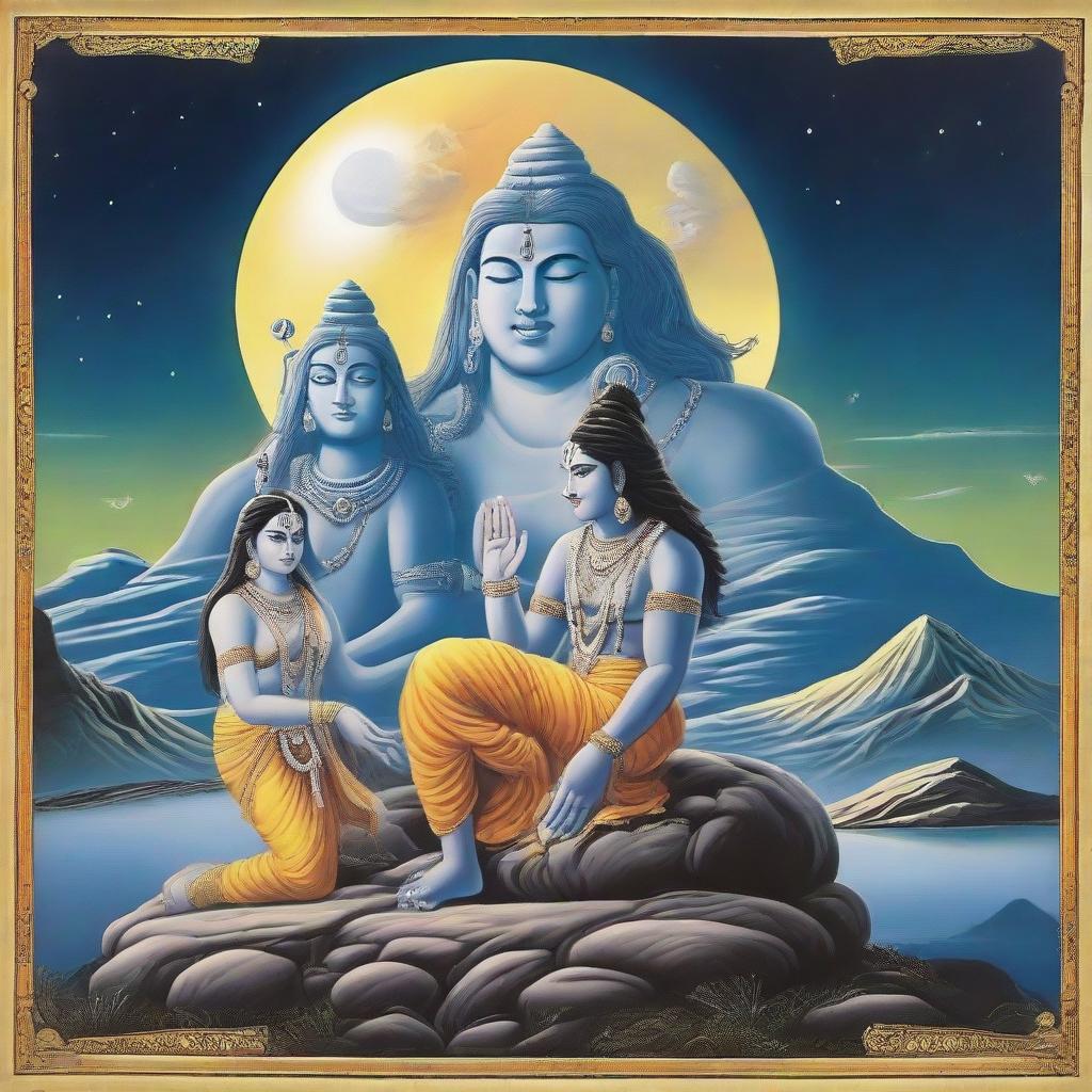 A divine scene featuring Lord Shiva and Goddess Parvati in the celestial realm, bathed in the light of a full moon with Mount Kailash in the background.