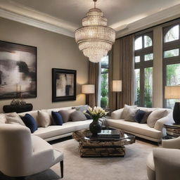 A sophisticated and stylish living room interior with tastefully chosen furniture, plush upholstery, vibrant artworks and elegant lighting fixtures.