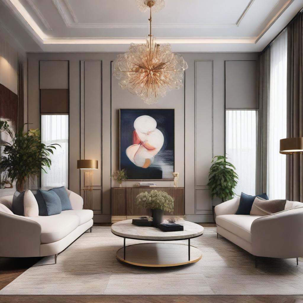 A sophisticated and stylish living room interior with tastefully chosen furniture, plush upholstery, vibrant artworks and elegant lighting fixtures.