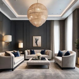 A sophisticated and stylish living room interior with tastefully chosen furniture, plush upholstery, vibrant artworks and elegant lighting fixtures.