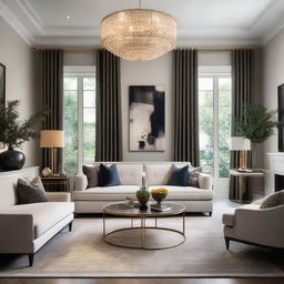 A sophisticated and stylish living room interior with tastefully chosen furniture, plush upholstery, vibrant artworks and elegant lighting fixtures.