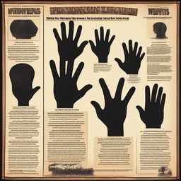 Design a poster showcasing the narrative of the story 'The Hands of the Blacks'. Incorporate symbolic elements regarding racial issues, community, and identity that are central to the story.