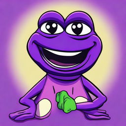 A friendly, vibrant purple Pepe the frog cartoon character, flashing a wide, welcoming smile.