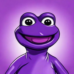 A friendly, vibrant purple Pepe the frog cartoon character, flashing a wide, welcoming smile.