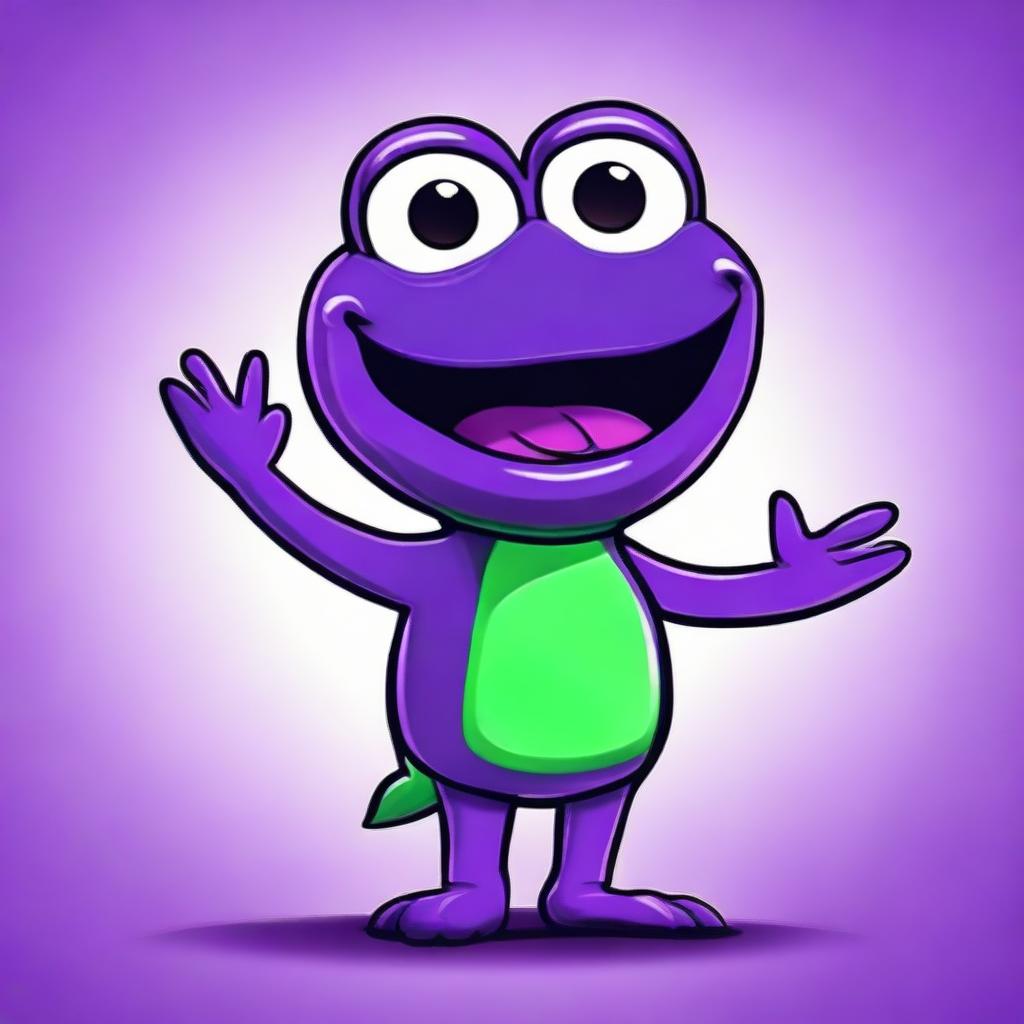 A friendly, vibrant purple Pepe the frog cartoon character, flashing a wide, welcoming smile.