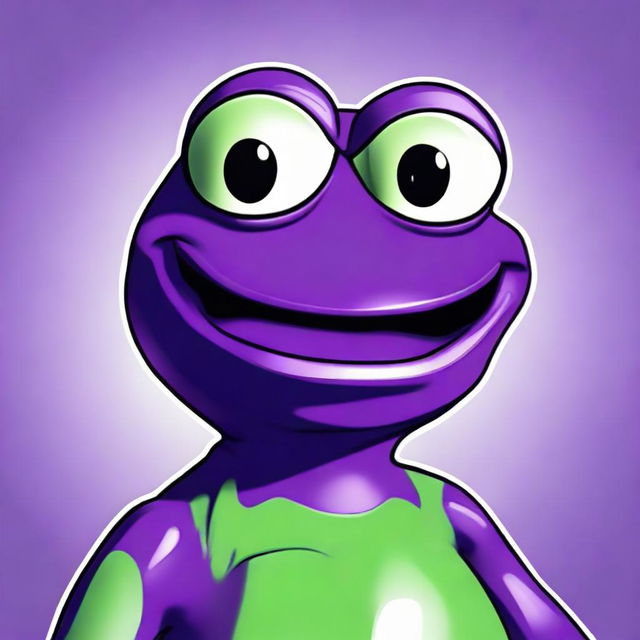 A friendly, vibrant purple Pepe the frog cartoon character, flashing a wide, welcoming smile.