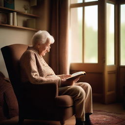 An elderly individual comfortably seated on a brown chair, engrossed in reading a story within the cozy confines of a homely interior.