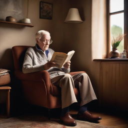 An elderly individual comfortably seated on a brown chair, engrossed in reading a story within the cozy confines of a homely interior.