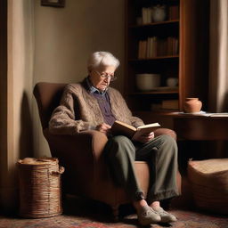 An elderly individual comfortably seated on a brown chair, engrossed in reading a story within the cozy confines of a homely interior.