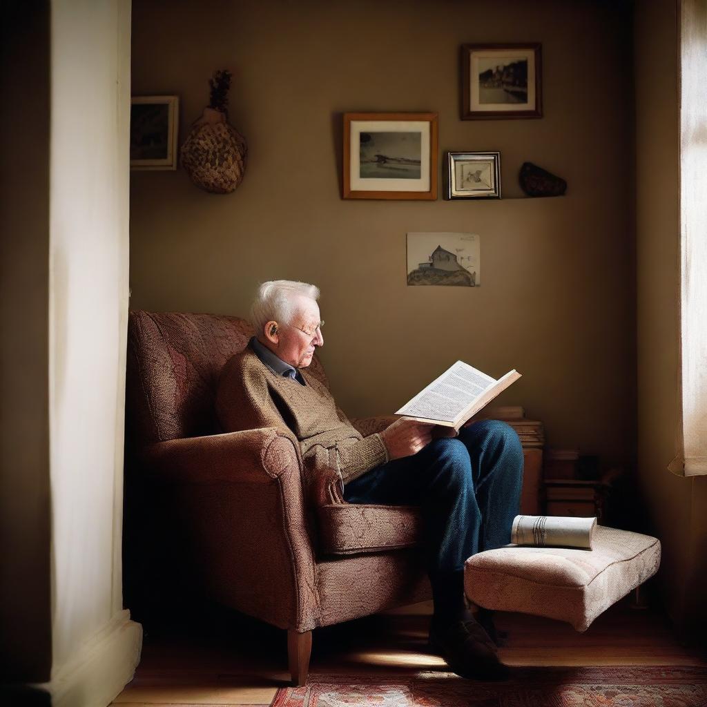 An elderly individual comfortably seated on a brown chair, engrossed in reading a story within the cozy confines of a homely interior.