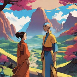 A detailed illustration of Aang and Katara from Avatar: The Last Airbender conversing in a vivid landscape full of rich colors