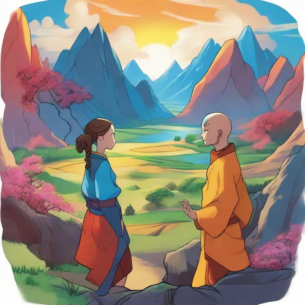 A detailed illustration of Aang and Katara from Avatar: The Last Airbender conversing in a vivid landscape full of rich colors