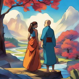 A detailed illustration of Aang and Katara from Avatar: The Last Airbender conversing in a vivid landscape full of rich colors