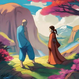 A detailed illustration of Aang and Katara from Avatar: The Last Airbender conversing in a vivid landscape full of rich colors