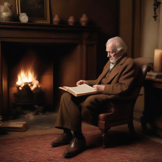 An aged man engrossed in a book, seated on a brown chair in a homely interior, with a screen playing a crackling fire in the background.