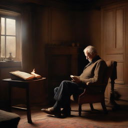 An aged man engrossed in a book, seated on a brown chair in a homely interior, with a screen playing a crackling fire in the background.