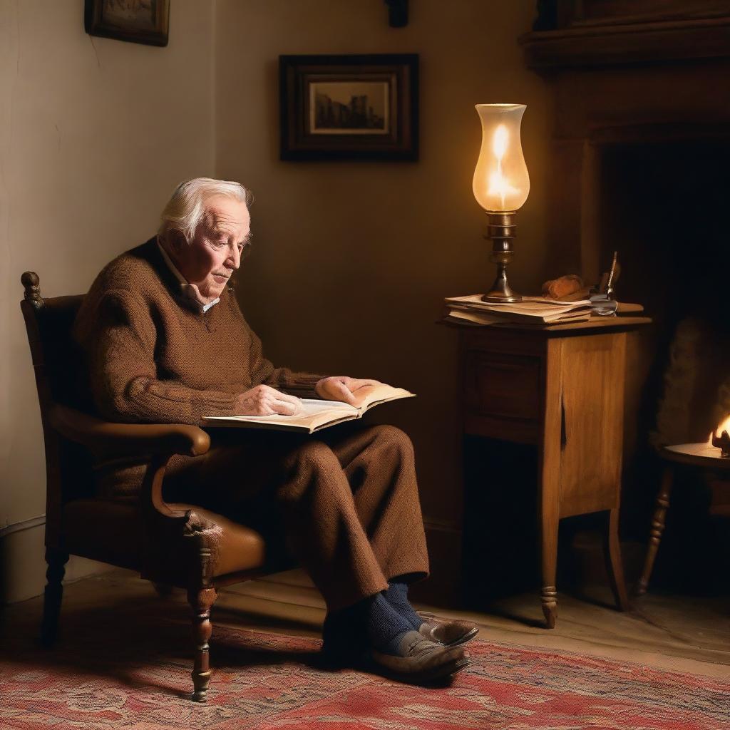 An aged man engrossed in a book, seated on a brown chair in a homely interior, with a screen playing a crackling fire in the background.