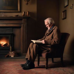 An aged man engrossed in a book, seated on a brown chair in a homely interior, with a screen playing a crackling fire in the background.