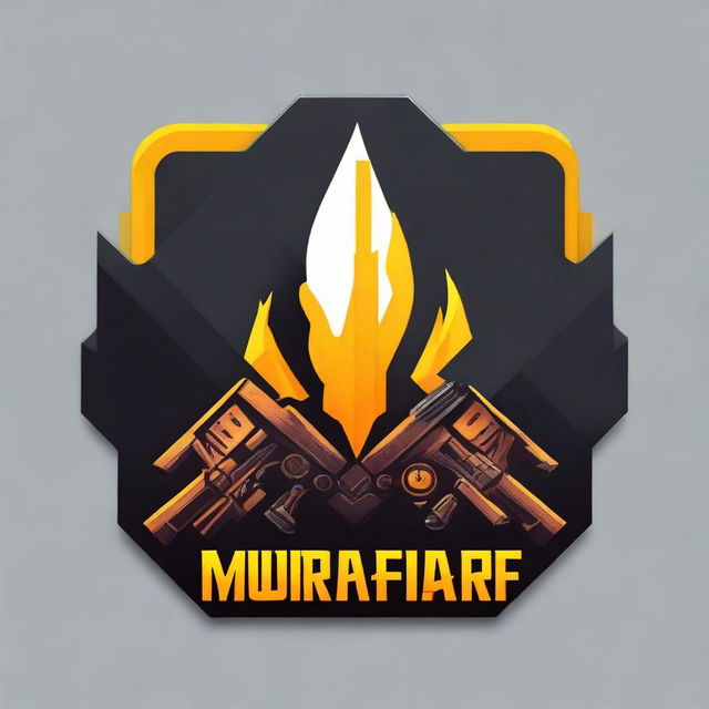 A YouTube logo design themed with elements from the game Free Fire. The logo should incorporate a dark color scheme and the words 'Mujra Gamer'. Ensure a mix of gaming symbolism with YouTube's aesthetics.