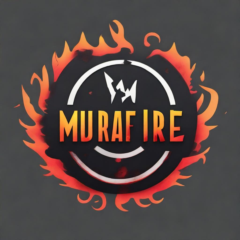 A YouTube logo design themed with elements from the game Free Fire. The logo should incorporate a dark color scheme and the words 'Mujra Gamer'. Ensure a mix of gaming symbolism with YouTube's aesthetics.