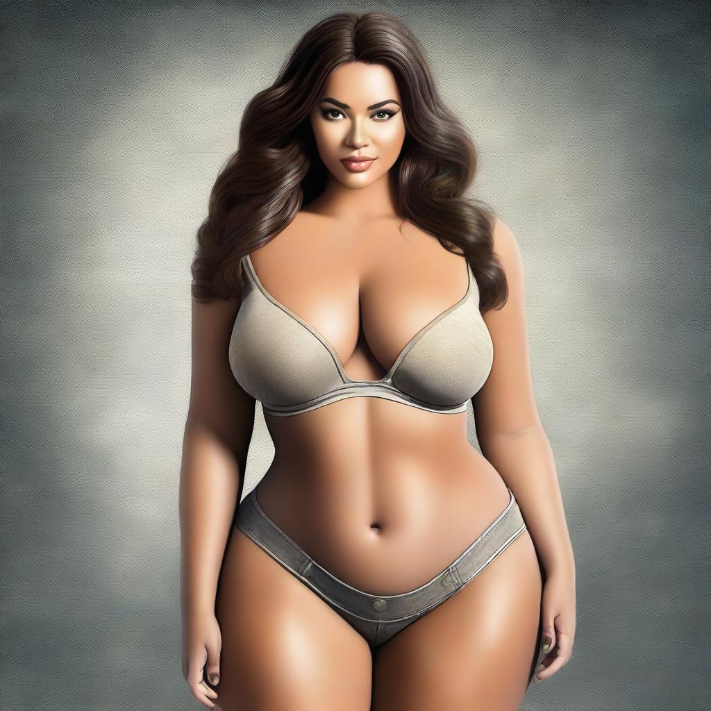 A high-quality, realistic digital art piece featuring a woman with a voluptuous figure, wearing only pants