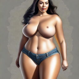 A high-quality, realistic digital art piece featuring a woman with a voluptuous figure, wearing only pants