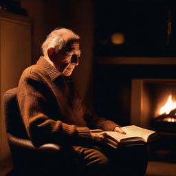 An elderly man deeply engaged in a book, seated on a brown chair in a house with dark black walls, accompanied by the warm glow from a screen displaying a crackling fire behind him.