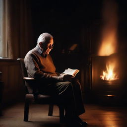 An elderly man deeply engaged in a book, seated on a brown chair in a house with dark black walls, accompanied by the warm glow from a screen displaying a crackling fire behind him.